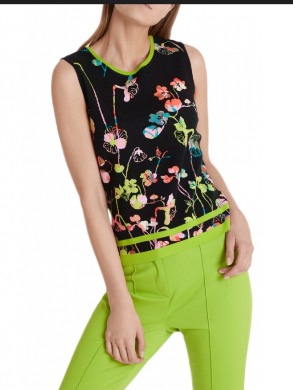 Marc Cain Black Tank With Neon Green Trim And Multicolor Floral Print